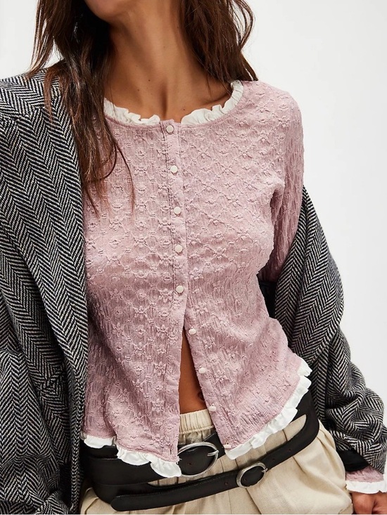 Free People Tops - NWT Free People Mauve Blackbird Cardi Textured Ruffle-Trim Top Medium Balletcore